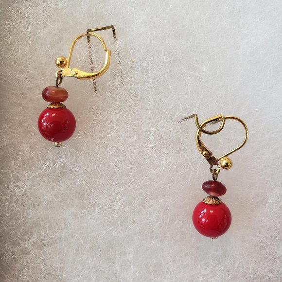 Red Coral and Crimson Drop Earrings 14K Euro Wire - Picture 1 of 2